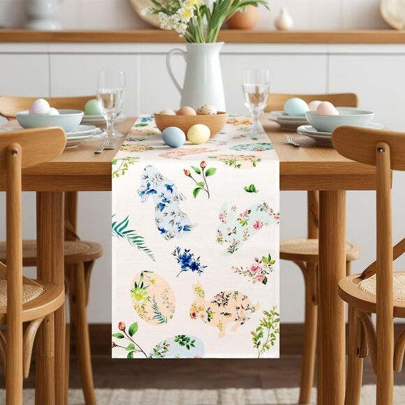 Easter Table Runner 13 x 72"  Happy Easter Rabbit Bunny Eggs Floral Linen NEW!! - Picture 1 of 7